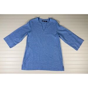 Lands' End Linen Blend Tunic Top Split Neck 3/4 Sleeve Casual Travel Small Blue